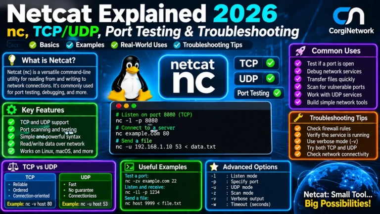Netcat Explained 2026 : nc, TCP/UDP, Port Testing & Troubleshooting | CorgiNetwork