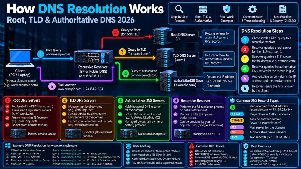 How DNS Resolution Works: Root, TLD & Authoritative DNS 2026