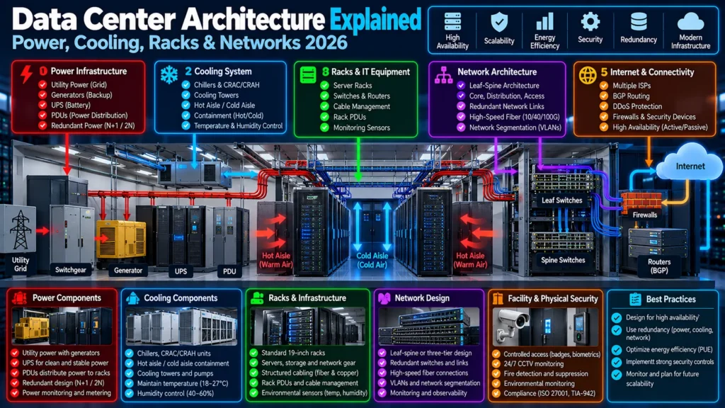 Data Center Architecture Explained: Power, Cooling, Racks & Networks 2026
