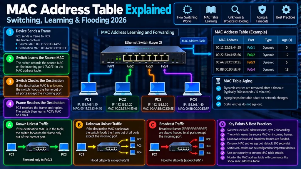 MAC Address Table Explained: Switching, Learning & Flooding 2026