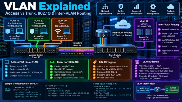 VLAN Explained: Access vs Trunk, 802.1Q & Inter-VLAN Routing