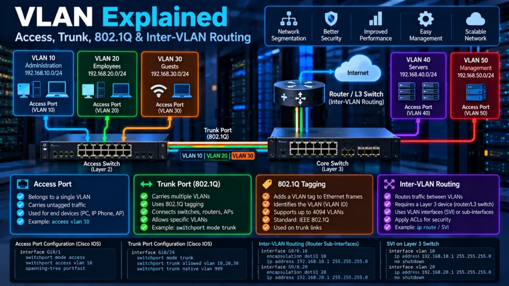 VLAN Explained: Access, Trunk, 802.1Q & Inter-VLAN Routing
